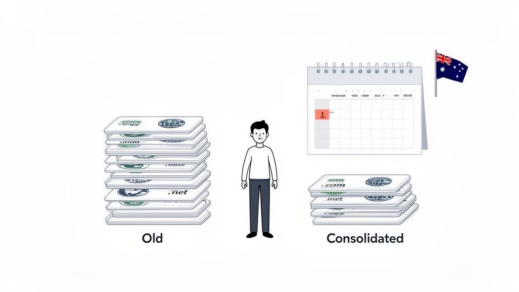 An illustration demonstrating the consolidation of numerous domain names, featuring an australian flag and calendar.