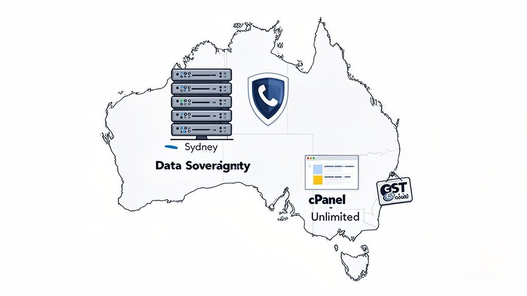 Australian map illustrating data sovereignty with sydney servers, cpanel unlimited, and gst included services.