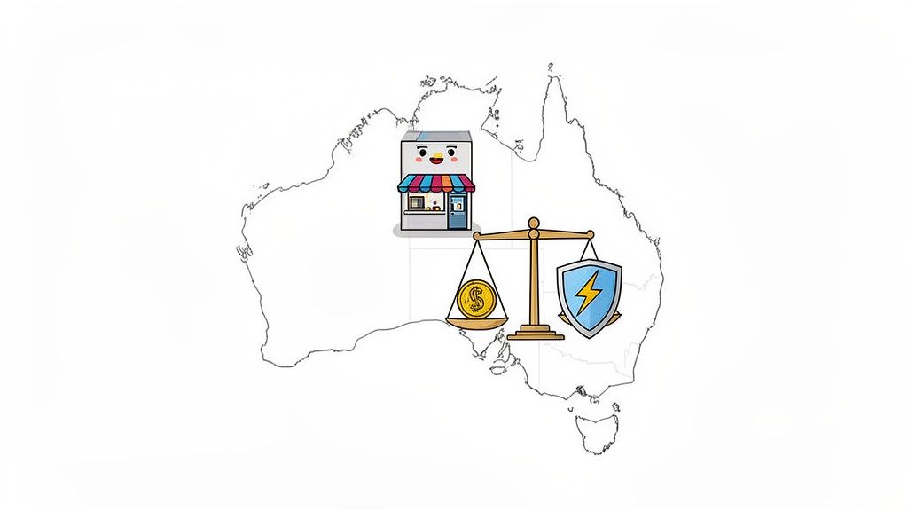 Cheap Web Hosting Australia: cheap web hosting australia with fast speeds 1 Australian map with a cheerful shop icon and scales balancing a dollar coin and a protection shield.