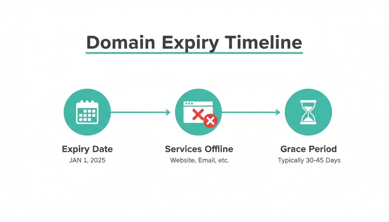 What to Do When Your Domain Name Expired 2 A domain expiry timeline illustrating three key stages: expiry date, services offline, and grace period.