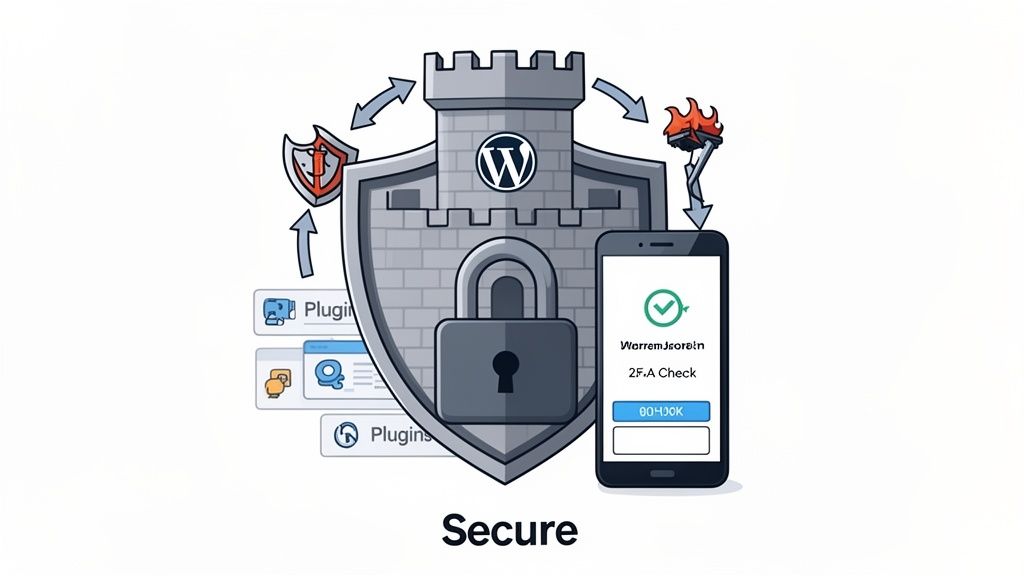 Illustration showing a secure wordpress website protected by a shield, padlock, and two-factor authentication via a phone.