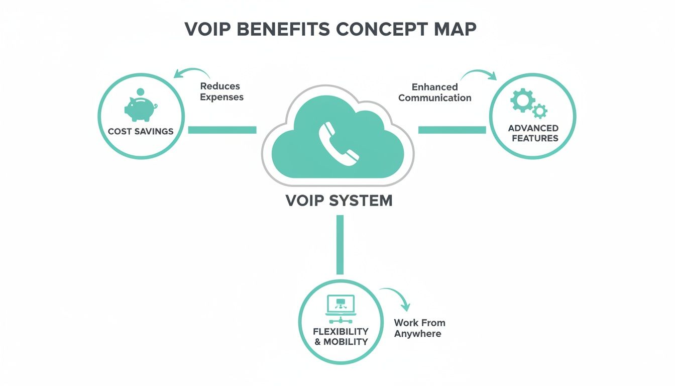 The Ultimate Guide to VoIP Phone Systems for Small Business in Australia 10 Concept map illustrating voip system benefits: cost savings, advanced features, and flexibility for remote work.