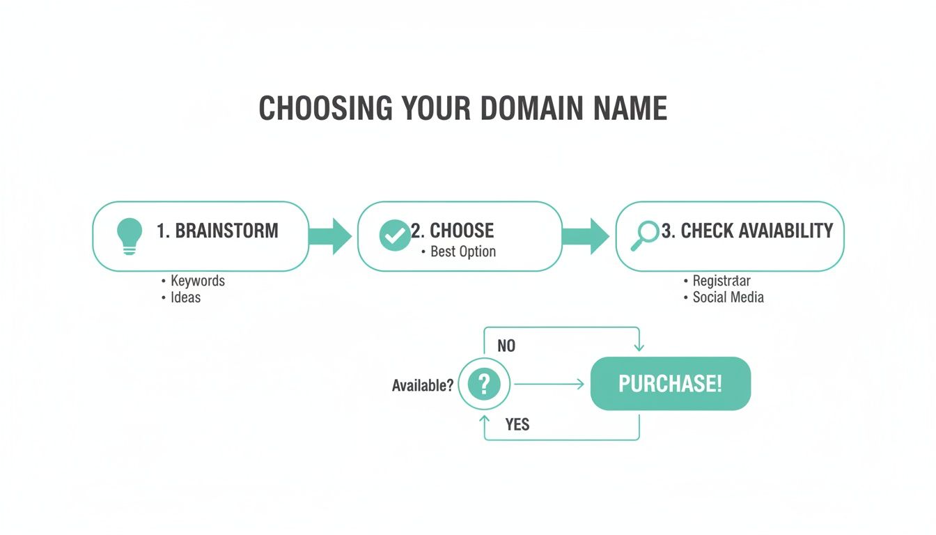 Registering Domain Name Australia A Practical Guide 3 Flowchart illustrating the steps to choose and purchase a domain name, from brainstorming to checking availability and purchasing.