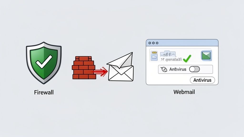 Outlook: outlook email not sending? Quick Fix Guide to Get Your Emails Moving 4 A diagram illustrating email passing through a firewall and antivirus protection to a webmail interface.