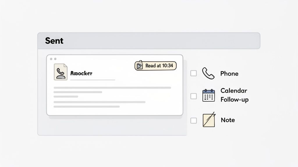 A digital interface shows a sent message with a 'read at 10:34' receipt and follow-up options.
