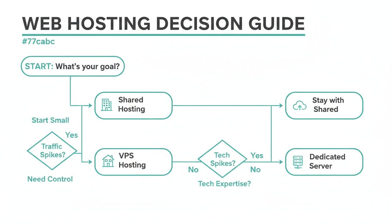 Flowchart guiding users through web hosting options like shared, vps, and dedicated servers based on needs.