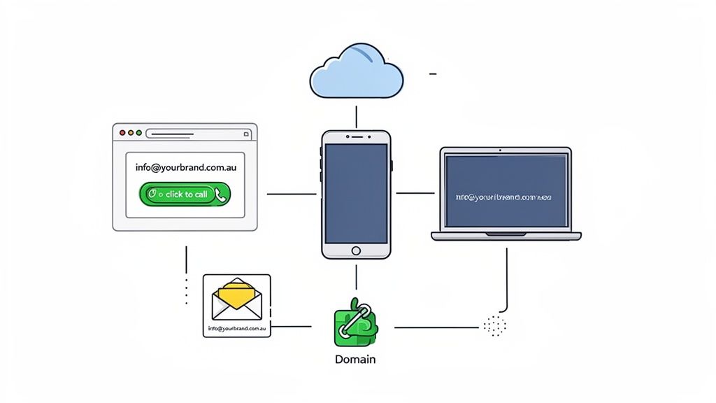VoIP for Small Business: A Practical Australia Guide to Modern Communications 6 Diagram showing a domain linking web, email, phone calls, and cloud services for business communication.