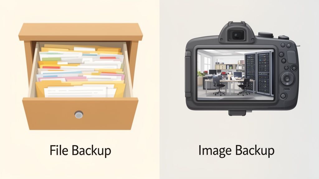 Comparison of file backup, represented by a drawer with documents, and image backup, a camera showing an office with servers.