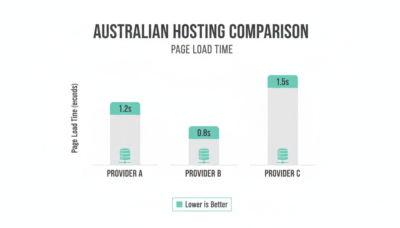 The Best Australian Hosting for WordPress A Definitive Guide 5 Bar chart comparing australian hosting providers' page load times: provider b is fastest at 0. 8s.