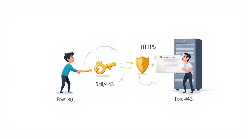 A diagram illustrating the secure https connection handshake with a key and certificate on port 443.