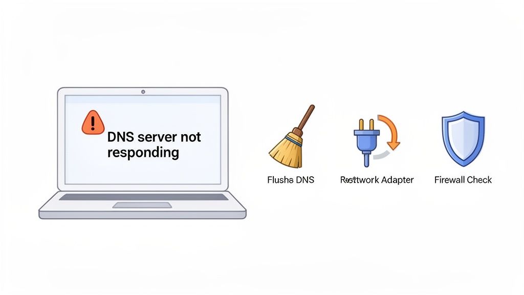 Illustration of a laptop with 'dns server not responding' error, offering troubleshooting steps.