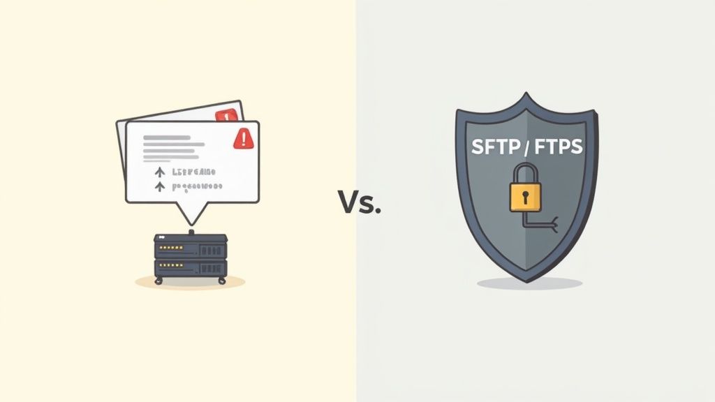 What Is FTP and How Does It Actually Work? 3 Illustration comparing insecure file transfer with exposed credentials versus secure SFTP/FTPS protocols represented by a shield and padlock.
