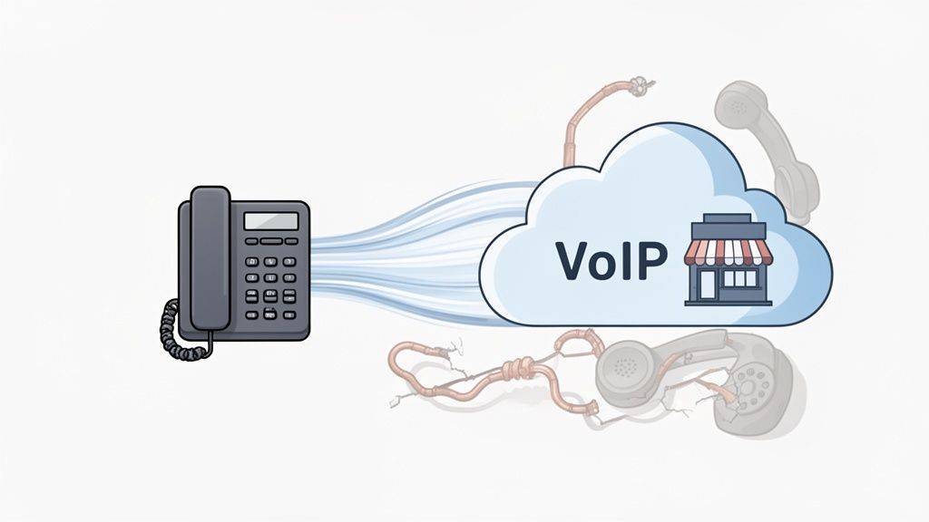 VoIP Telephone Systems for Small Business The Ultimate Guide 1 A modern desk phone connected to a cloud icon labeled 'voip' with a business storefront, replacing traditional phone systems.