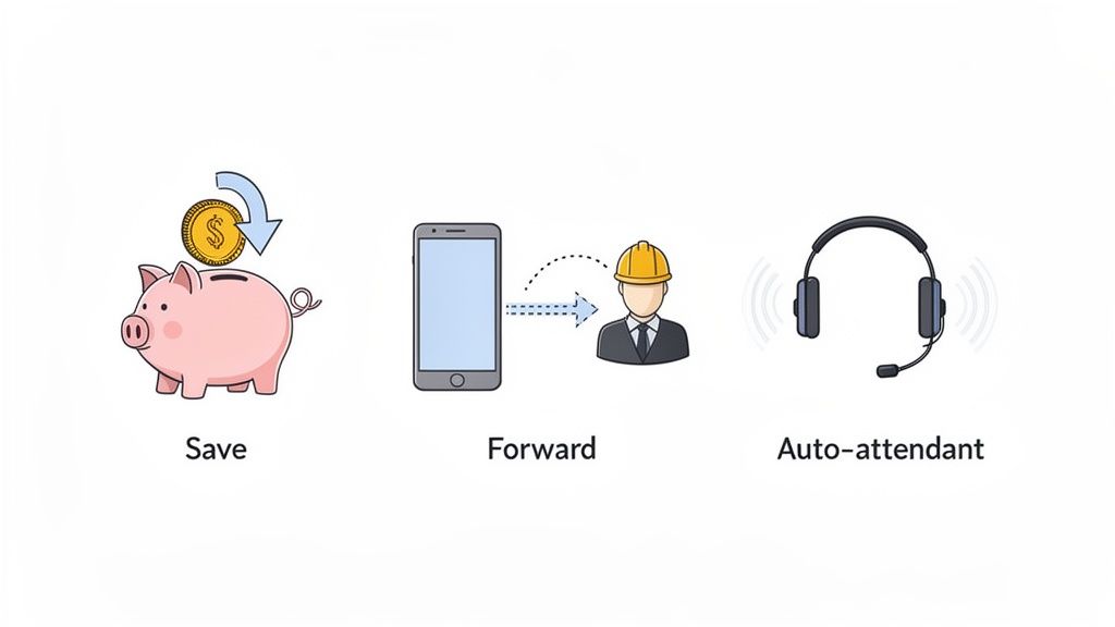 VoIP Telephone Systems for Small Business The Ultimate Guide 3 Illustrations show saving money with a piggy bank, forwarding calls, and an auto-attendant headset.