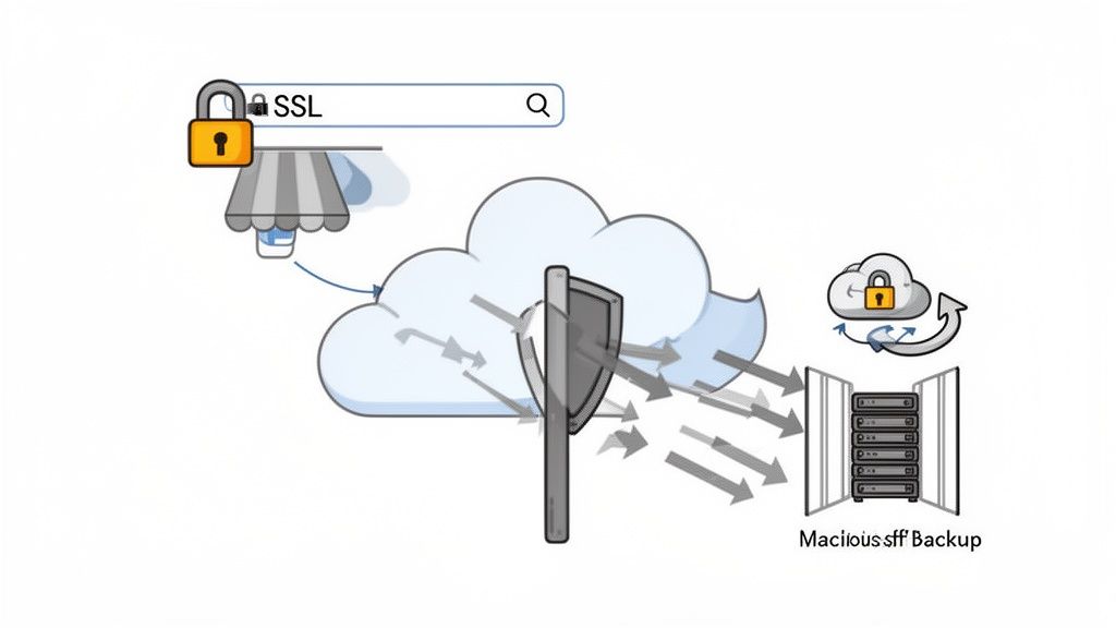 A Guide to Small Business Network Security for Australian SMEs 5 A security diagram illustrates ssl, cloud protection, and threats targeting a malicious backup server.