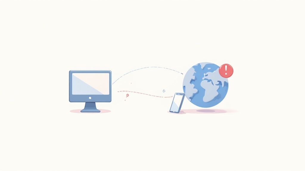 Dns servers not responding: Quick fixes to get you back online 3 A desktop computer and smartphone attempt to connect to a globe with an error symbol, indicating network connection problems.