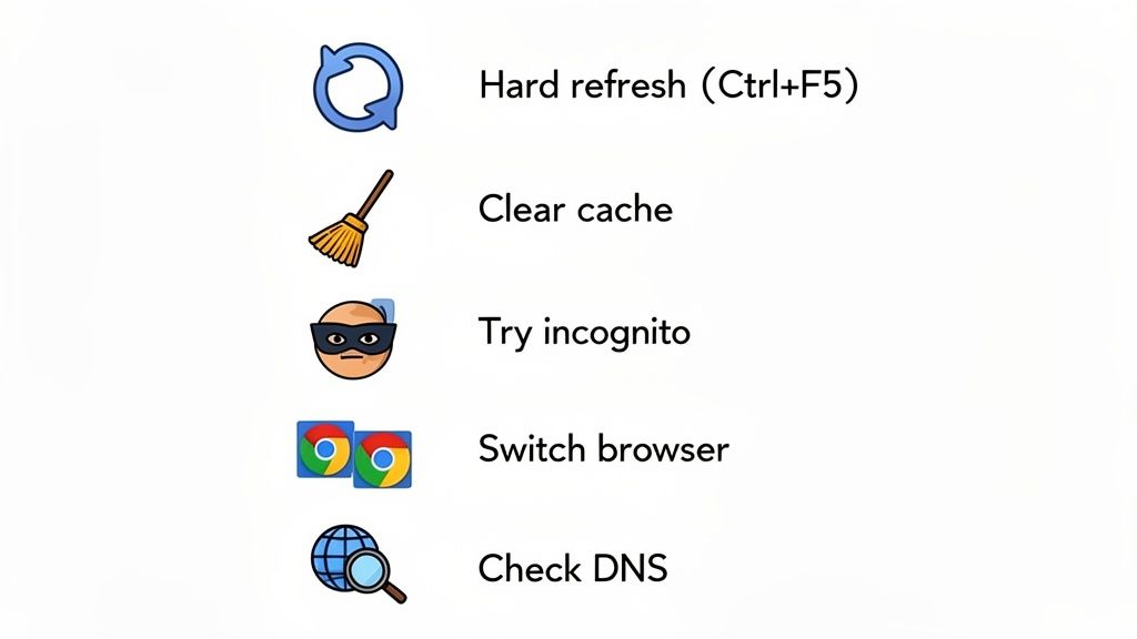 What 502 Bad Gateway Means and How to Finally Fix It 4 Five common troubleshooting steps for web browsing, including hard refresh, clear cache, and checking dns.