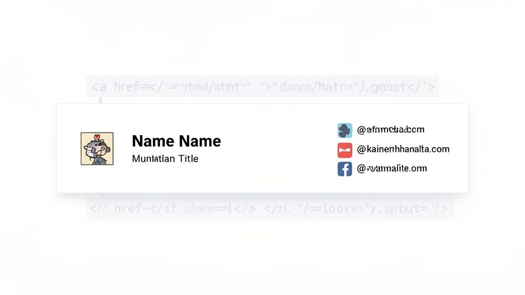 A digital email signature block with a cartoon avatar, name, title, and social media contact information.
