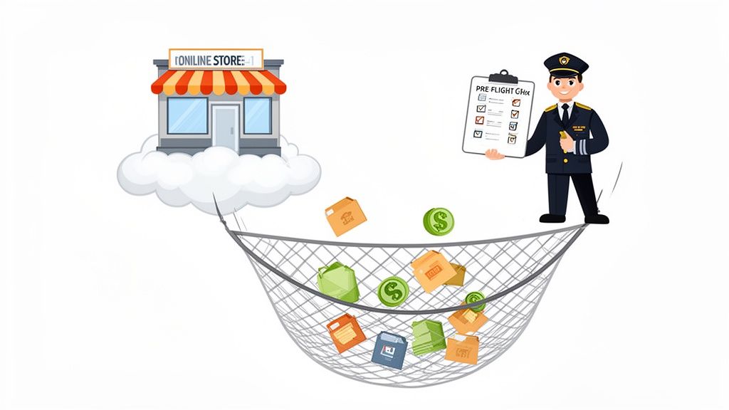 A pilot with a checklist catches online store assets and money in a net, symbolizing secure cloud business backup.