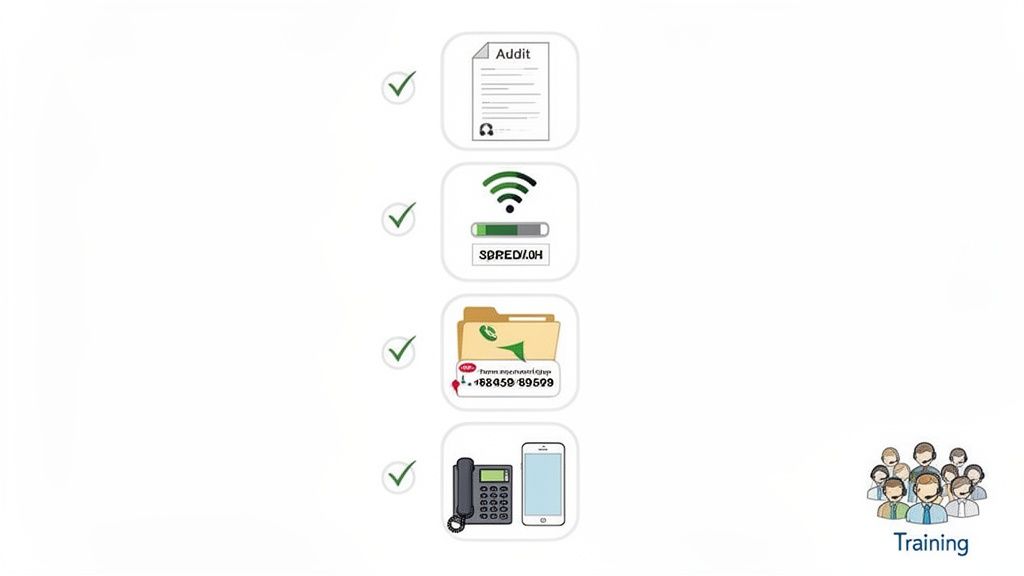 The Ultimate Guide to VoIP Phone Systems for Small Business in Australia 13 Icons depicting an audit, data transfer, call records, and various phone devices, alongside a group for training.