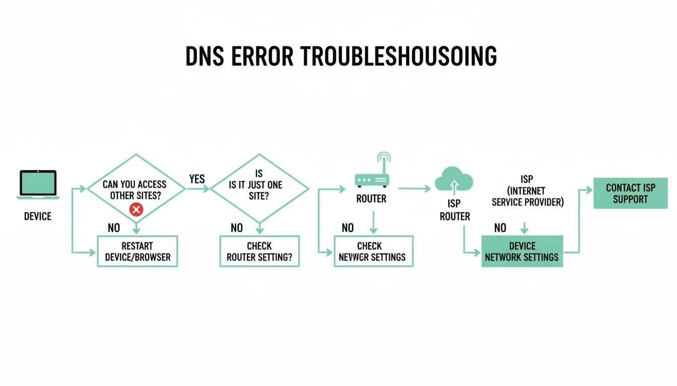 A flowchart illustrating the troubleshooting steps for resolving dns errors, from device to isp support.