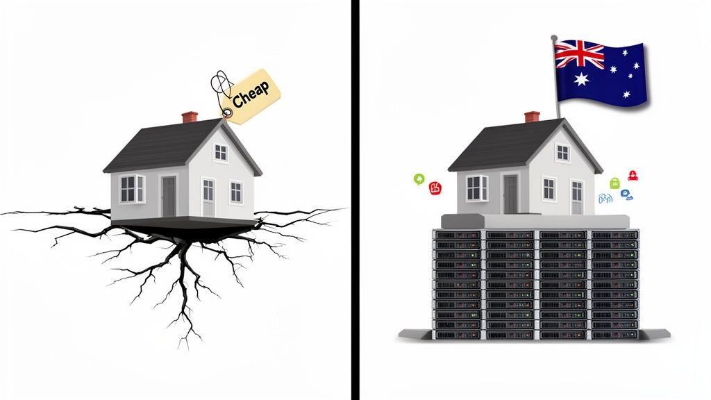 A comparison showing cheap, unstable hosting versus secure, reliable australian web hosting.