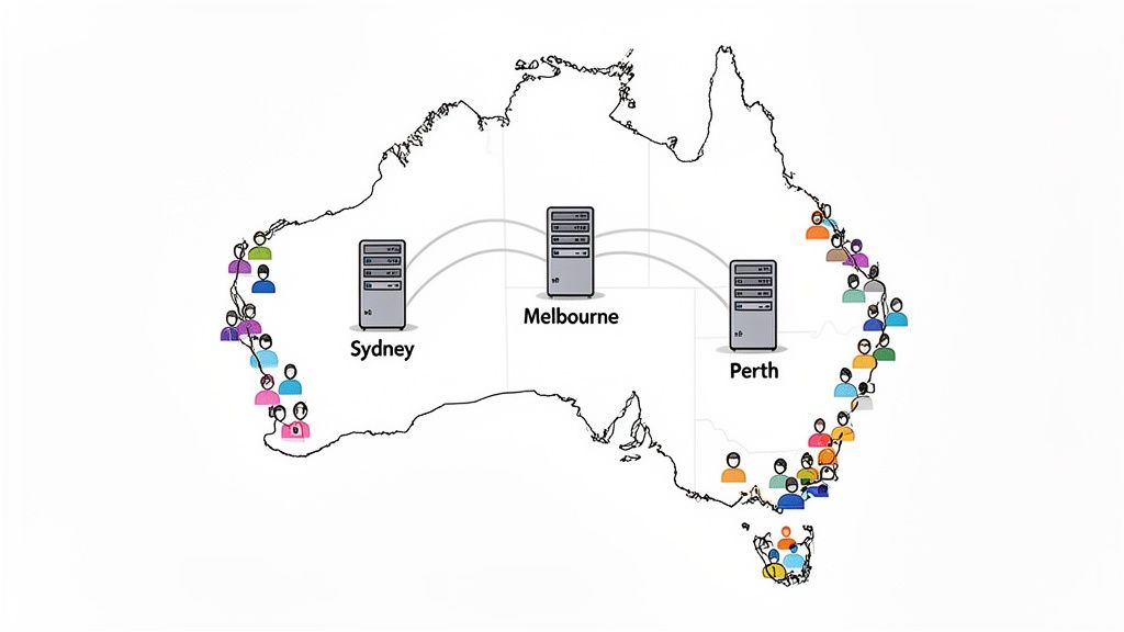 Map of australia with sydney, melbourne, and perth data centers serving distributed users.