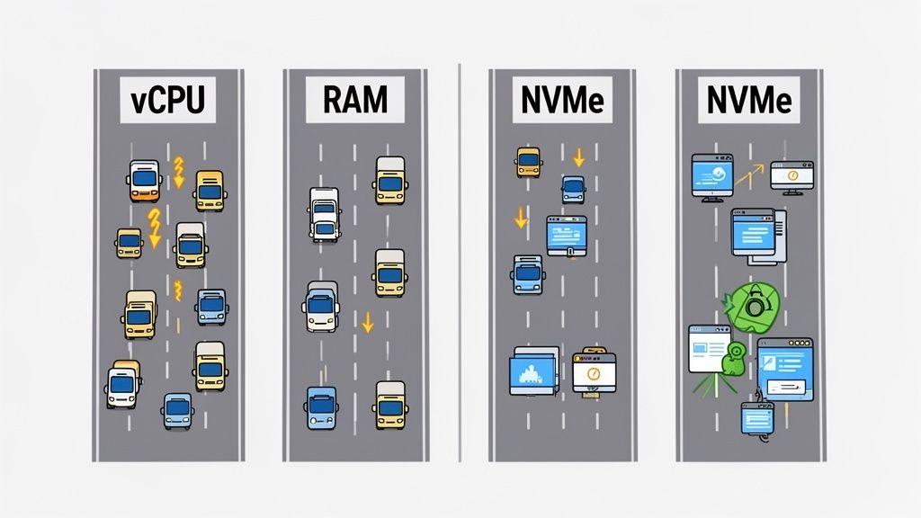 A visual comparison of vcpu, ram, and nvme performance using cars and computer components on a road.