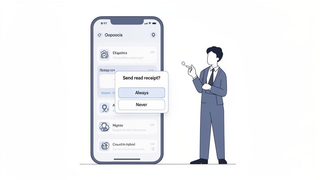 A smartphone displays a messaging app with a 'send read receipt? ' pop-up, offering 'always' or 'never' options. A man observes.