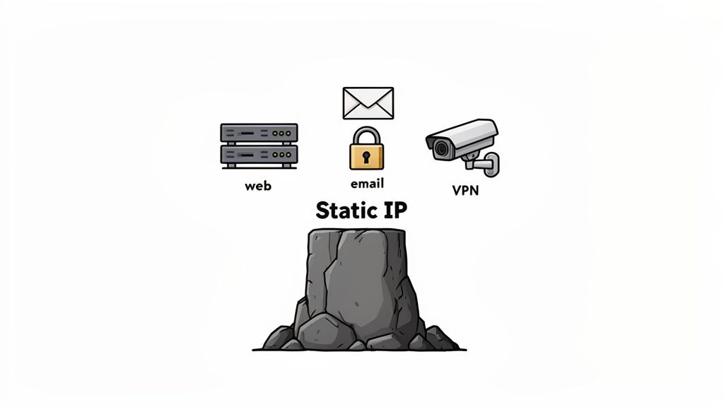 Static vs Dynamic IP: A Practical Guide to static vs dynamic ip for Your Network 2 Illustration of a rock labeled 'static ip' supporting icons for web servers, email, and vpn.