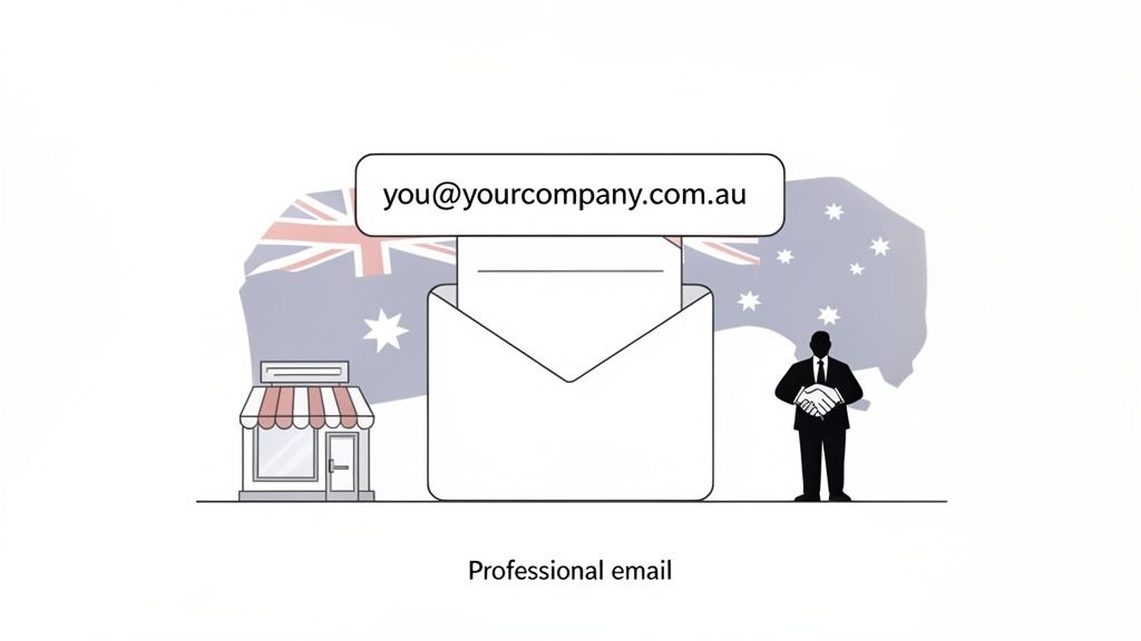 How to Set Up Company Email for Your Australian Business 1 Illustration of a professional Australian company email address, store, and businessman.