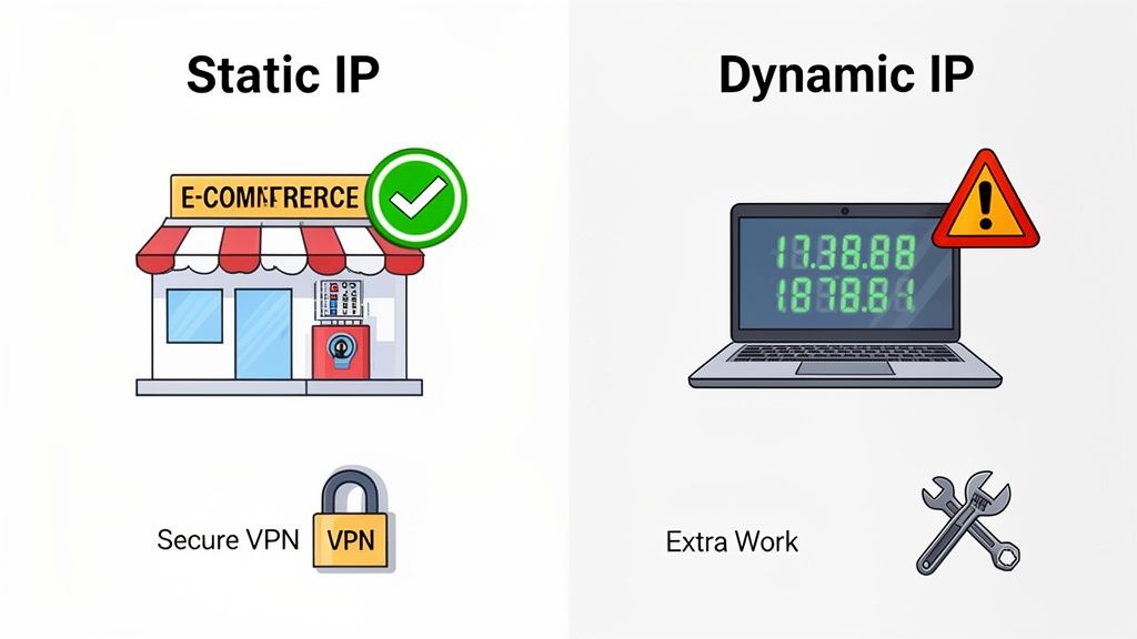 Static vs Dynamic IP: A Practical Guide to static vs dynamic ip for Your Network 4 Infographic comparing static ip benefits for e-commerce and secure vpns, with dynamic ip disadvantages like extra work.