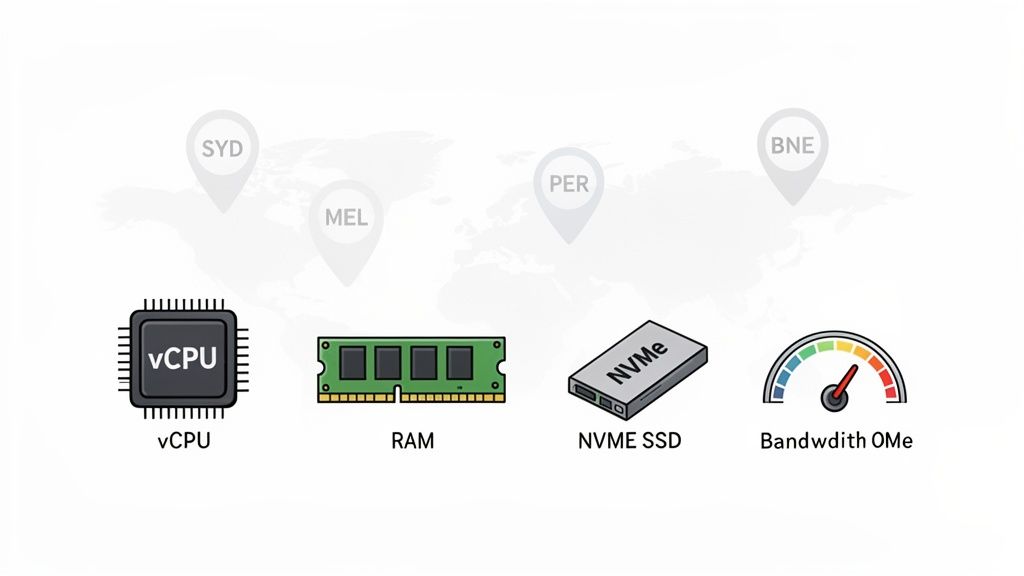 Finding the Best VPS Hosting Australia for Speed and Value 3 Illustrative image showing core vps hosting components like vcpu, ram, nvme ssd, and bandwidth across australian cities.
