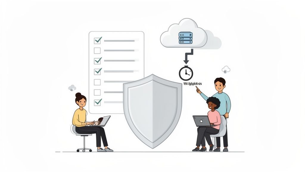 Illustration of people working with laptops, a security shield, cloud data, and a checklist.