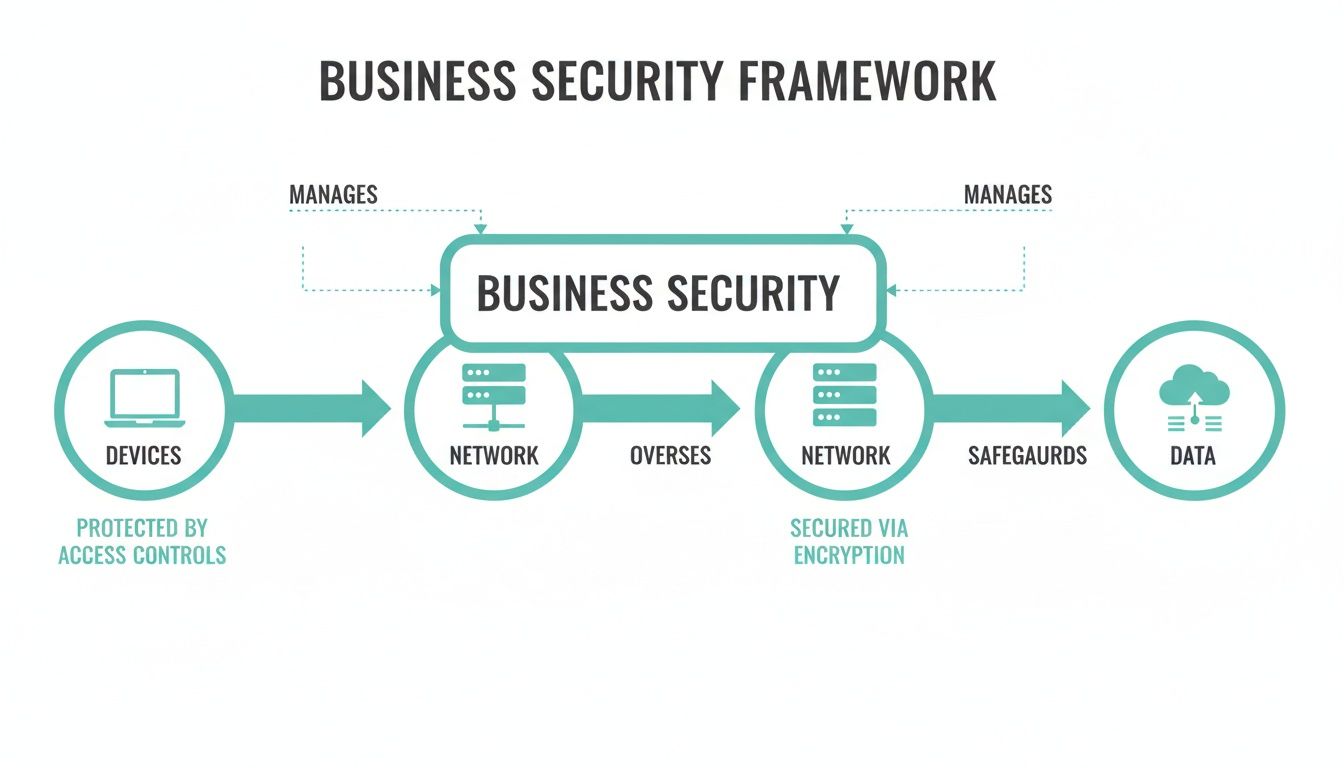 Anti-Virus Protection for Business: A Practical Guide 2 A business security framework diagram showing protection of devices, networks, and data.