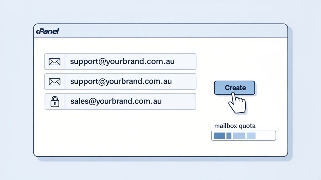 How to Set Up Domain Email for Your Business 3 Cpanel interface showing email accounts like 'support' and 'sales', a 'create' button, and mailbox quota.