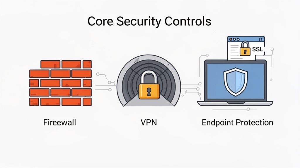 An illustration showcasing core security controls: firewall, vpn, and endpoint protection for business network security.