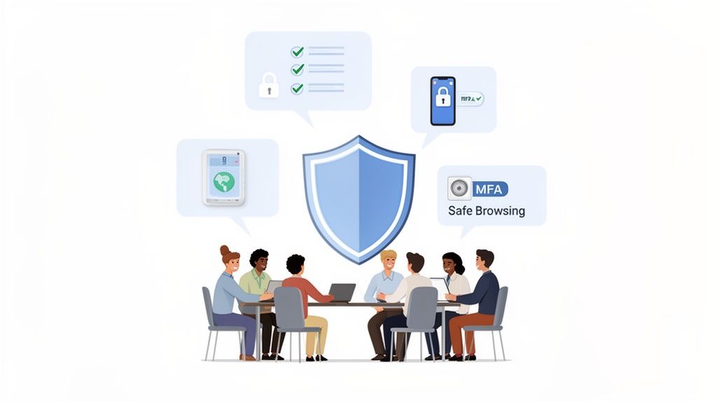 Anti-Virus Protection for Business: A Practical Guide 5 Diverse team discusses cybersecurity features like mfa and safe browsing, with a central shield icon.