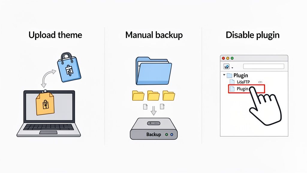Illustrations depicting how to upload a theme, perform a manual backup, and disable a plugin.