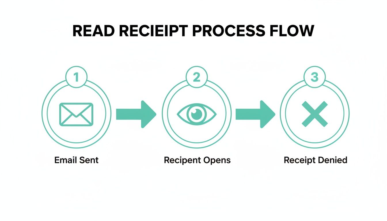 A flowchart showing the read receipt process: email sent, recipient opens, and receipt denied.