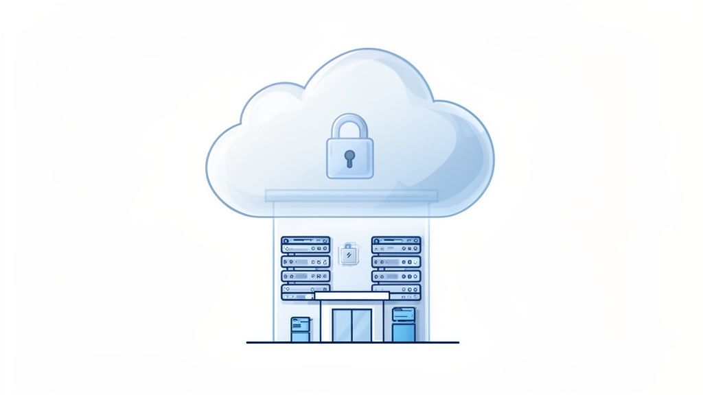 A secure cloud with a padlock protecting a data center housing servers and backup systems.