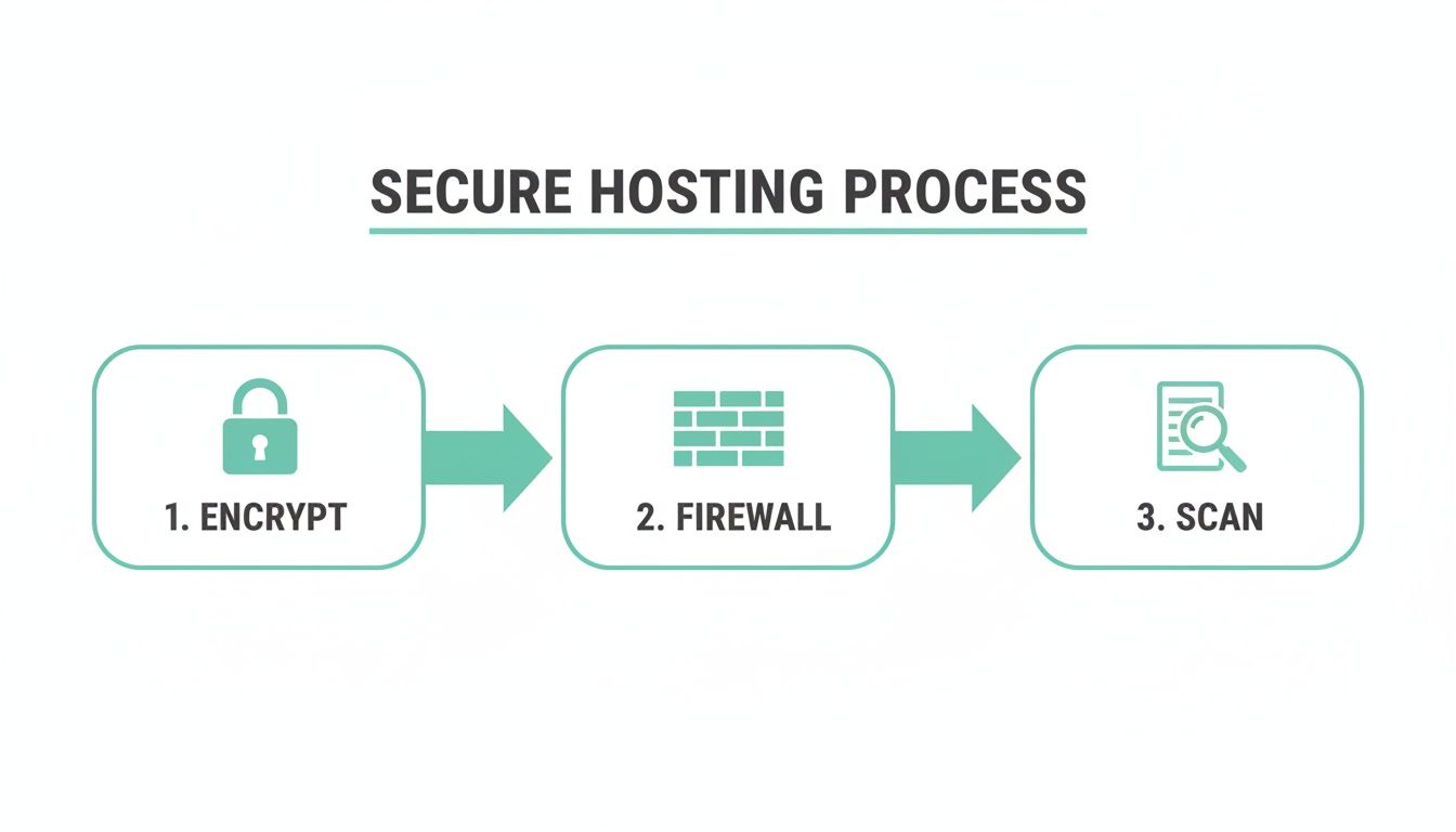Exploit Prevention for Small Business: A Practical Guide 6 An infographic showing a secure hosting process with steps: 1. Encrypt, 2. Firewall, 3. Scan.