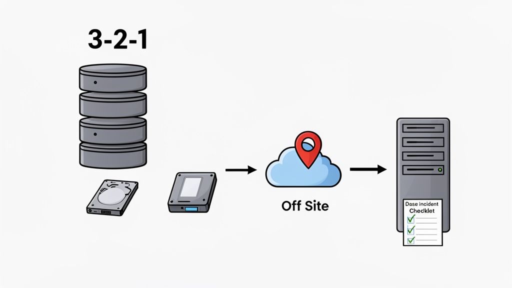 Network Security Small Business: A Practical Guide to Protecting Your Assets 4 Diagram illustrating the 3-2-1 backup strategy, showing multiple data copies, different media, and offsite storage.