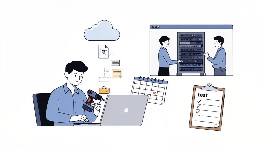 A technical illustration showing a person working with tools, a laptop, cloud computing, server maintenance, and a test checklist.