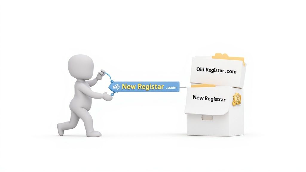 A Practical Guide to Domain Name Transfer 1 A 3d figure pulls a 'new registrar. Com' sign, symbolizing a domain name transfer from an old registrar.