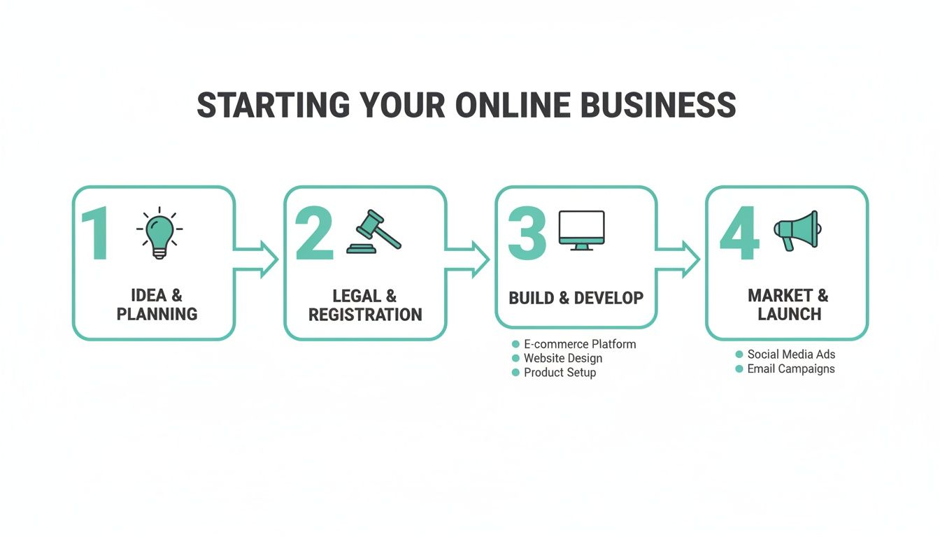 A four-step infographic illustrating the process of starting an online business, from idea to launch.
