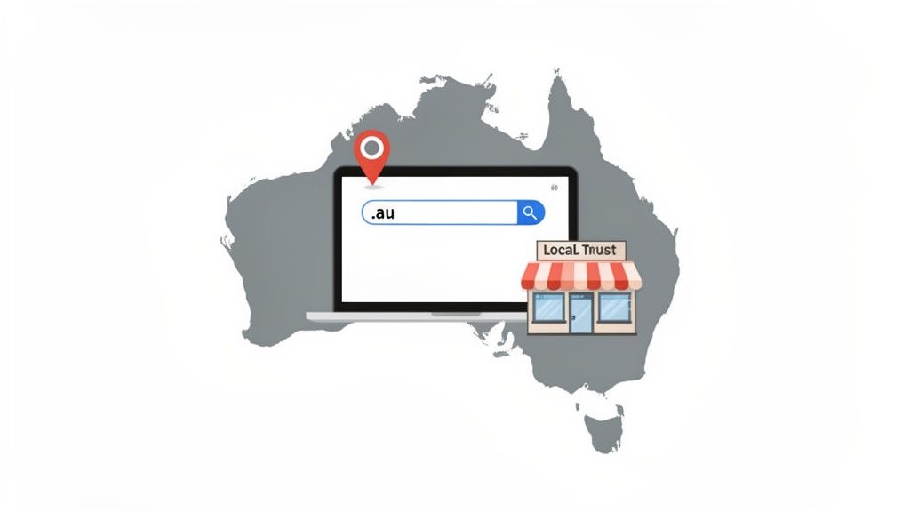 Registering Domain Name Australia A Practical Guide 1 Australia map, laptop searching ". Au" domain, and a local business symbol with "local trust. "
