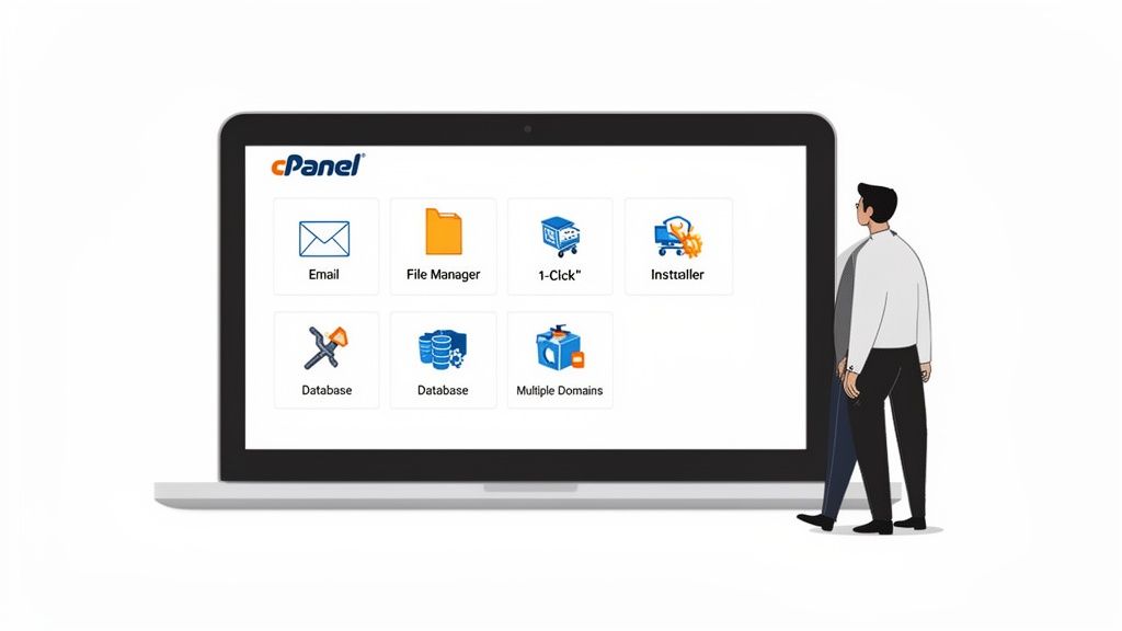 Man viewing a laptop screen showing the cpanel interface with icons for email, files, and domains.