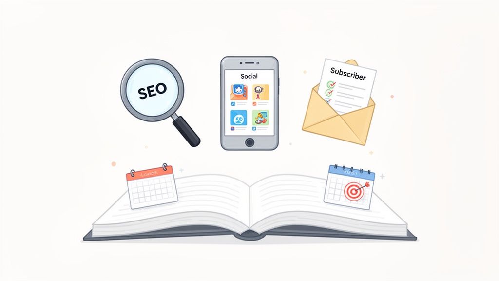 Digital marketing elements like seo, social media, email subscribers, and launch calendar above an open book.