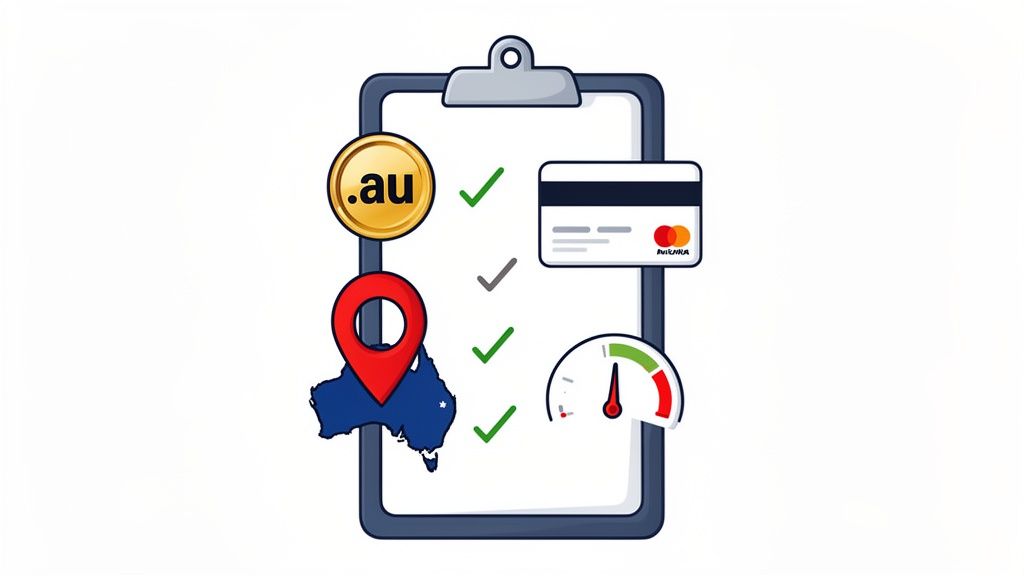 A clipboard checklist featuring a. Au domain, credit card, australia map with pin, and a performance meter.